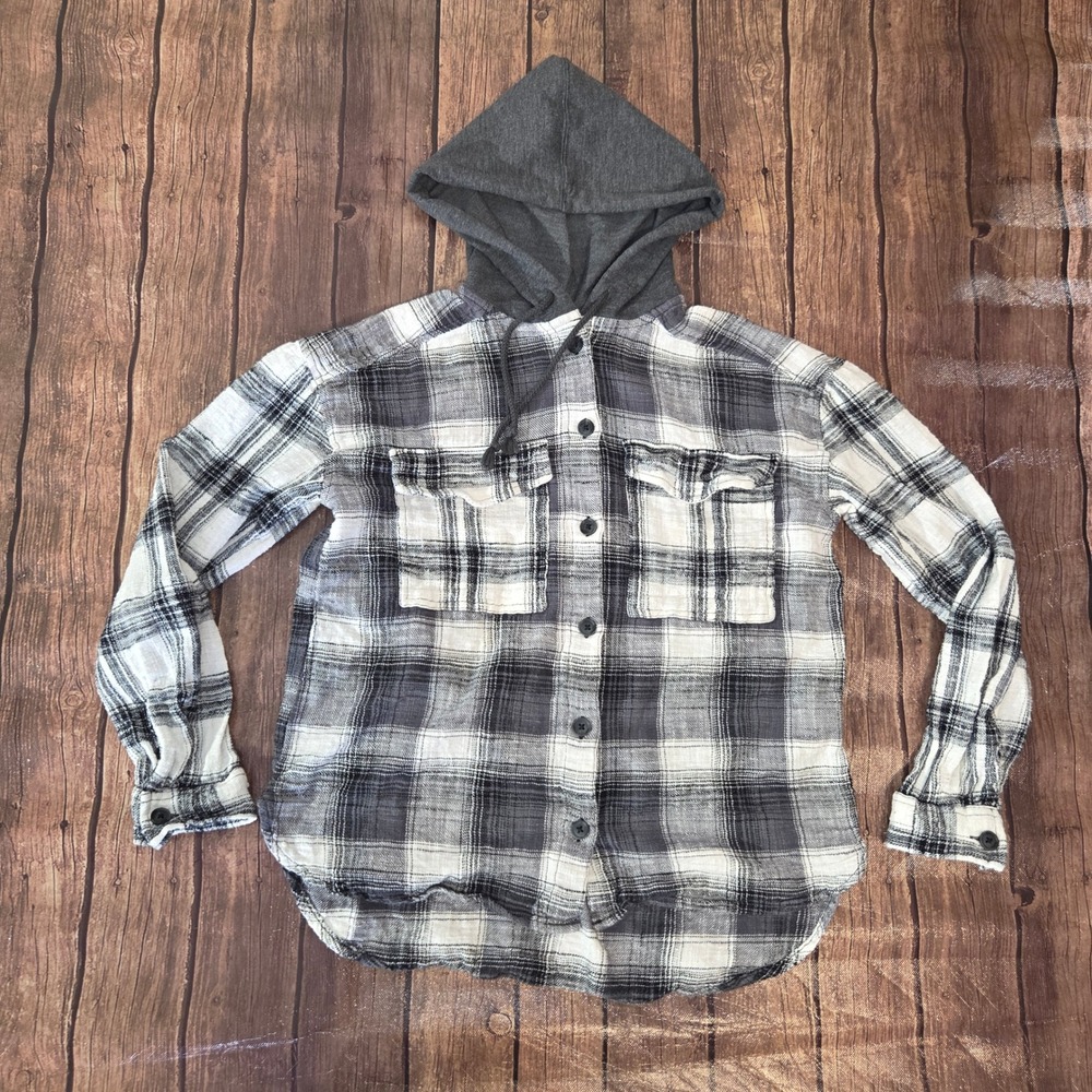 SO Plaid Hooded Button Down Shirt Black White Grey Flannel Small Bella Swan